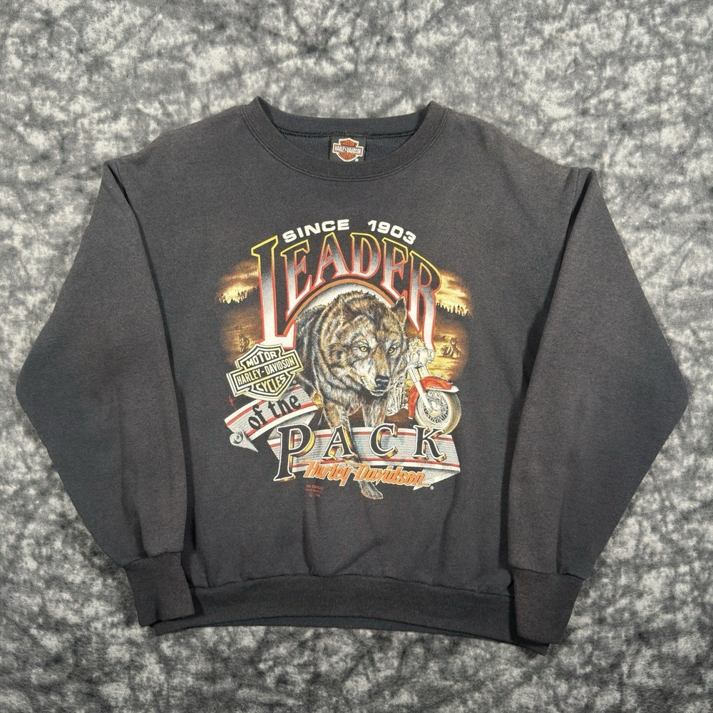 1990 Harley Davidson 3D Emblem Leader Of The Pack Wolf Sweatshirt Mens Size L